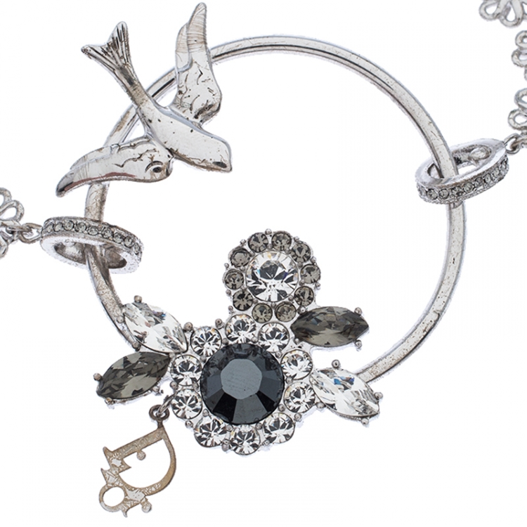 Pre Owned Dior Silver Tone Crystal Embellished Swallow Charm Bracelet