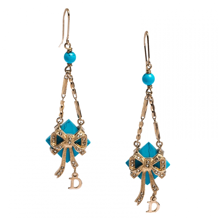 Pre Owned Dior Blue Stone Crystal Rose Gold Tone Hook Earrings 