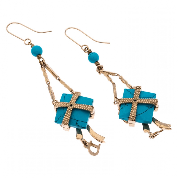 Pre Owned Dior Blue Stone Crystal Rose Gold Tone Hook Earrings 