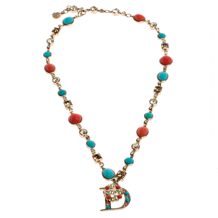 Pre Owned Dior Gold Tone Crystal Two Tone Beads Embellished D Pendant Necklace