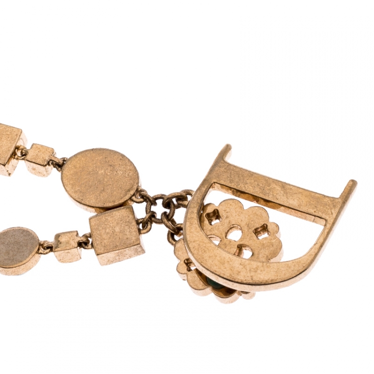 Pre Owned Dior Gold Tone Crystal Two Tone Beads Embellished D Pendant Necklace