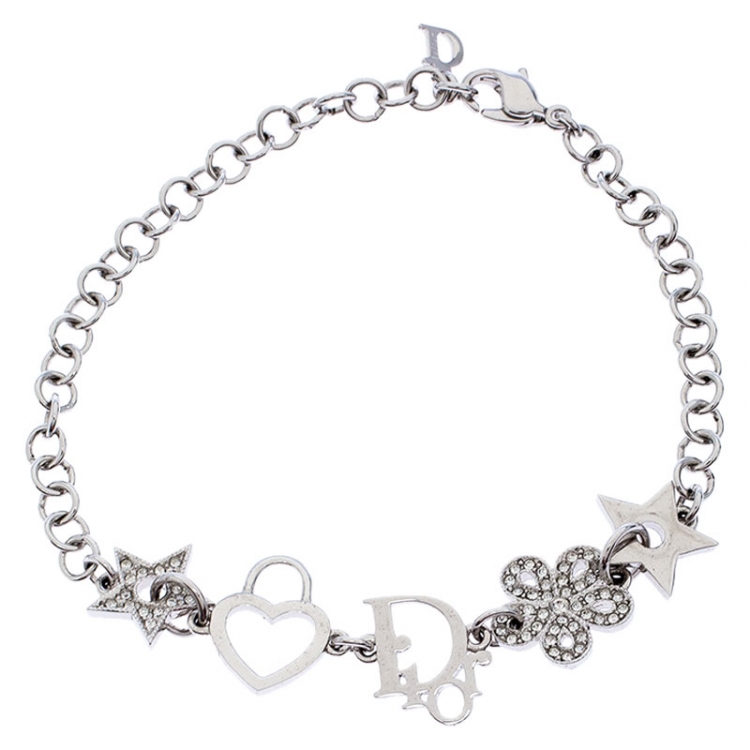 Pre Owned Dior Multi Charm Crystal Silver Tone Bracelet