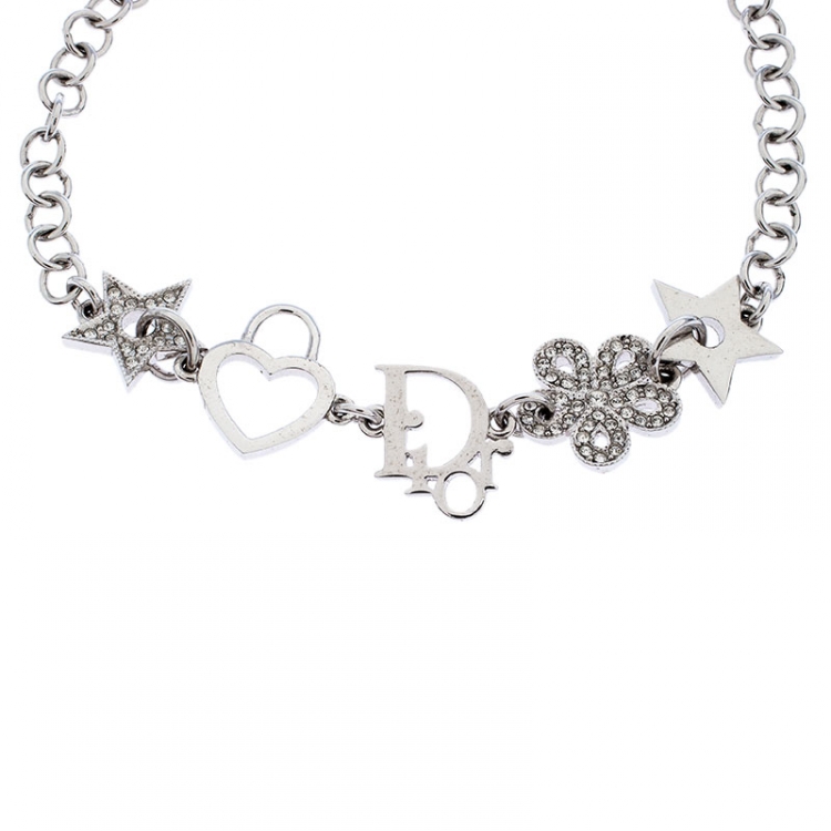 Pre Owned Dior Multi Charm Crystal Silver Tone Bracelet