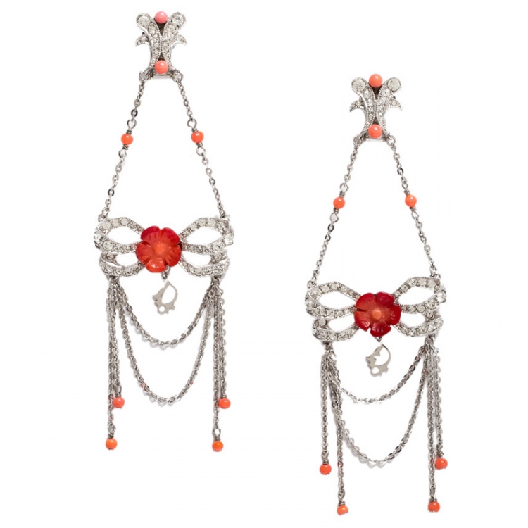 Pre Owned Dior Silver Tone/Red Crystal Embellished Butterfly Drop Earrings