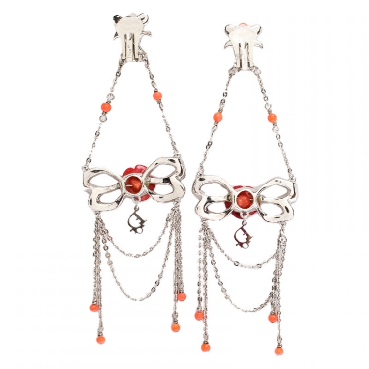 Pre Owned Dior Silver Tone/Red Crystal Embellished Butterfly Drop Earrings