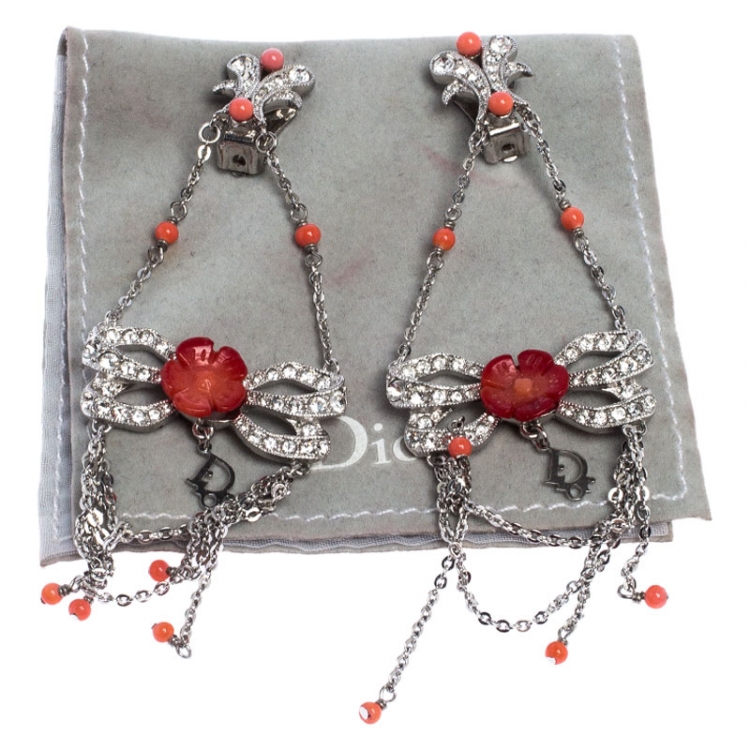 Pre Owned Dior Silver Tone/Red Crystal Embellished Butterfly Drop Earrings