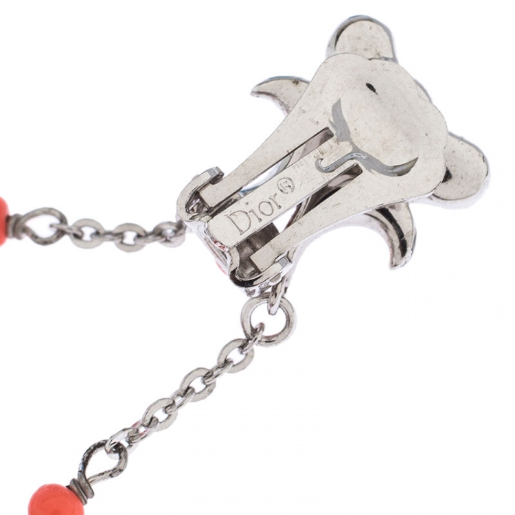 Pre Owned Dior Silver Tone/Red Crystal Embellished Butterfly Drop Earrings