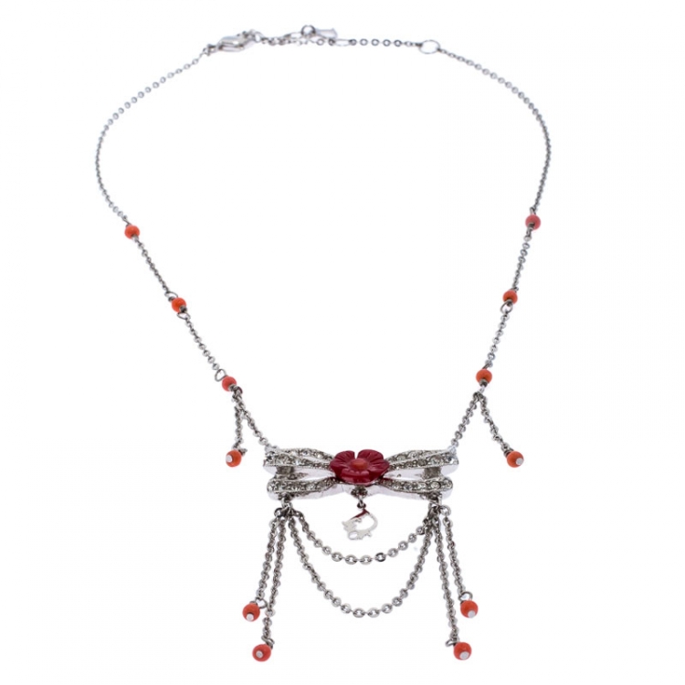 مملوكة مسبقًا Dior Silver Tone Crystal Embellished Layered Floral Bow Necklace
