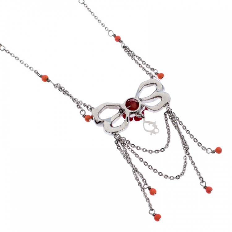 مملوكة مسبقًا Dior Silver Tone Crystal Embellished Layered Floral Bow Necklace