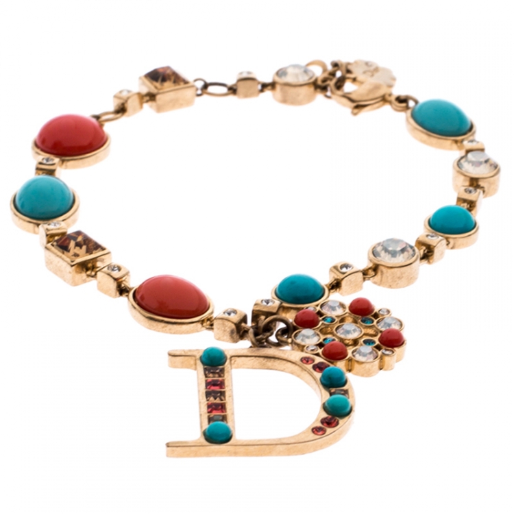 Pre Owned Dior Coral and Turquoise Cabochon Gold Tone Crystal Bracelet