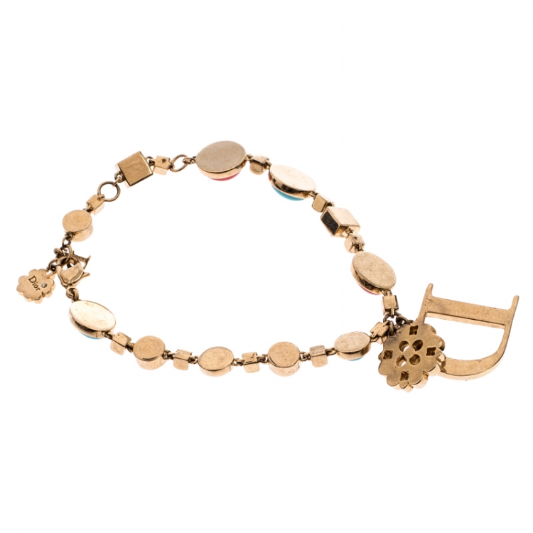 Pre Owned Dior Coral and Turquoise Cabochon Gold Tone Crystal Bracelet