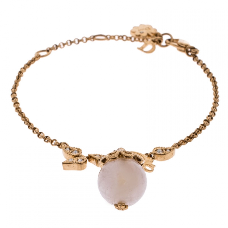 Pre Owned Dior Gold Tone Crystal Tumbled Rose Quartz Pendant Bracelet