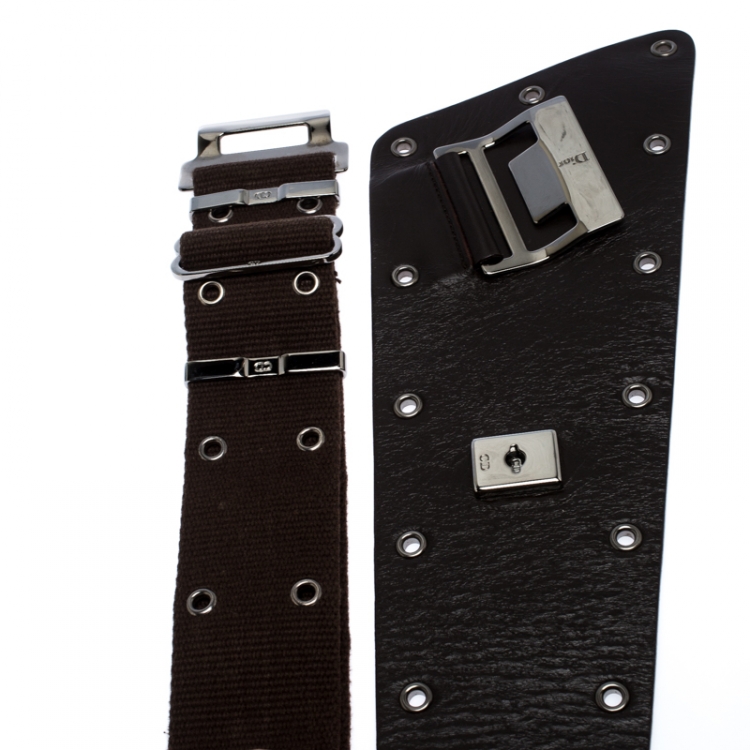 Pre Owned Dior Dark Brown Eyelet Leather and Canvas Adjustable Waist Belt