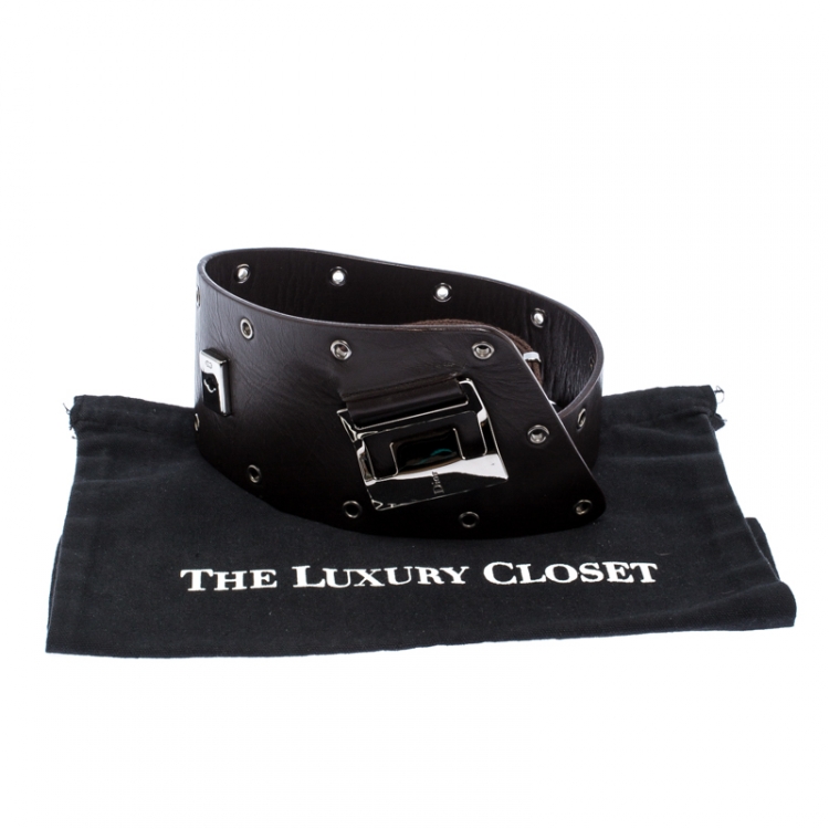 Pre Owned Dior Dark Brown Eyelet Leather and Canvas Adjustable Waist Belt