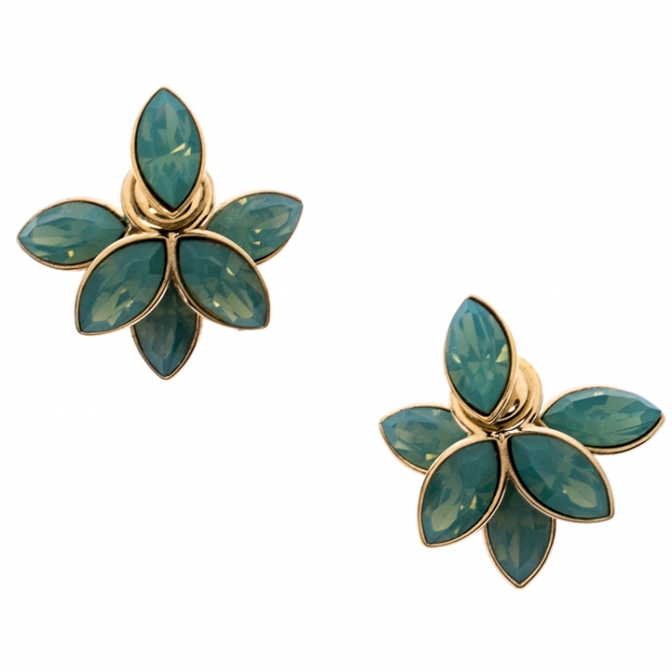 Pre Owned Dior Tribale Turquoise Crystal Flower Gold Tone Stud Earrings