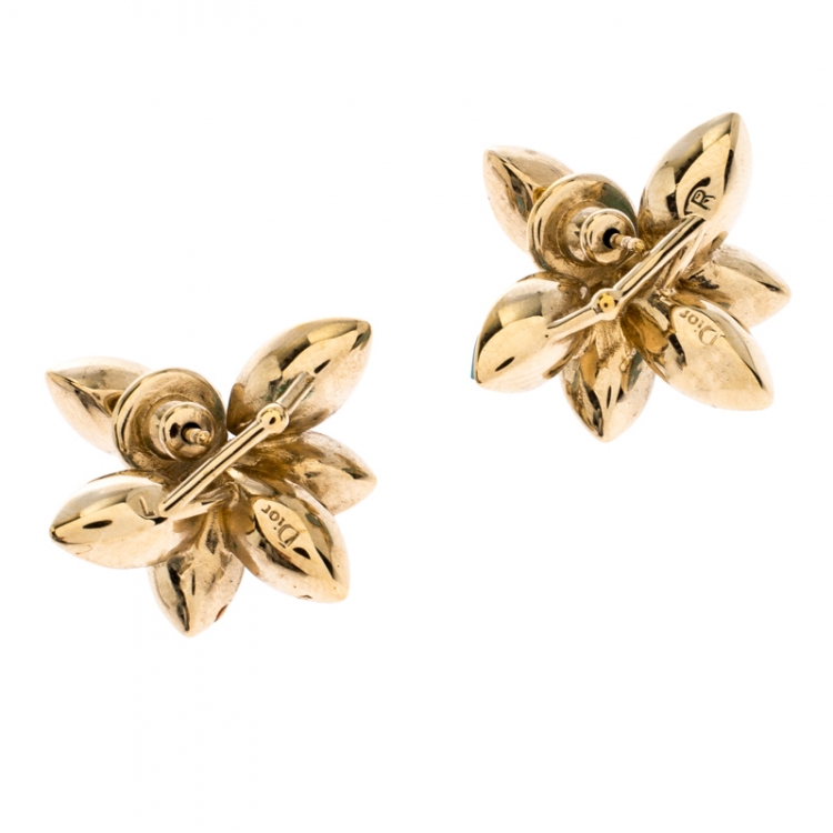 Pre Owned Dior Tribale Turquoise Crystal Flower Gold Tone Stud Earrings