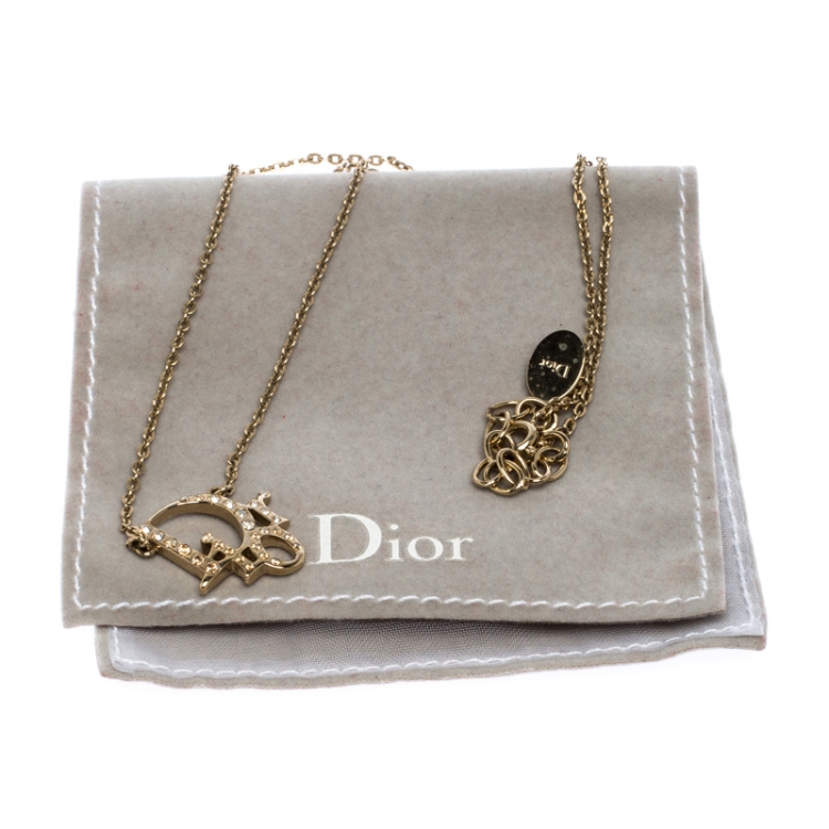 Pre Owned Dior Oblique Crystal Gold Tone Necklace 