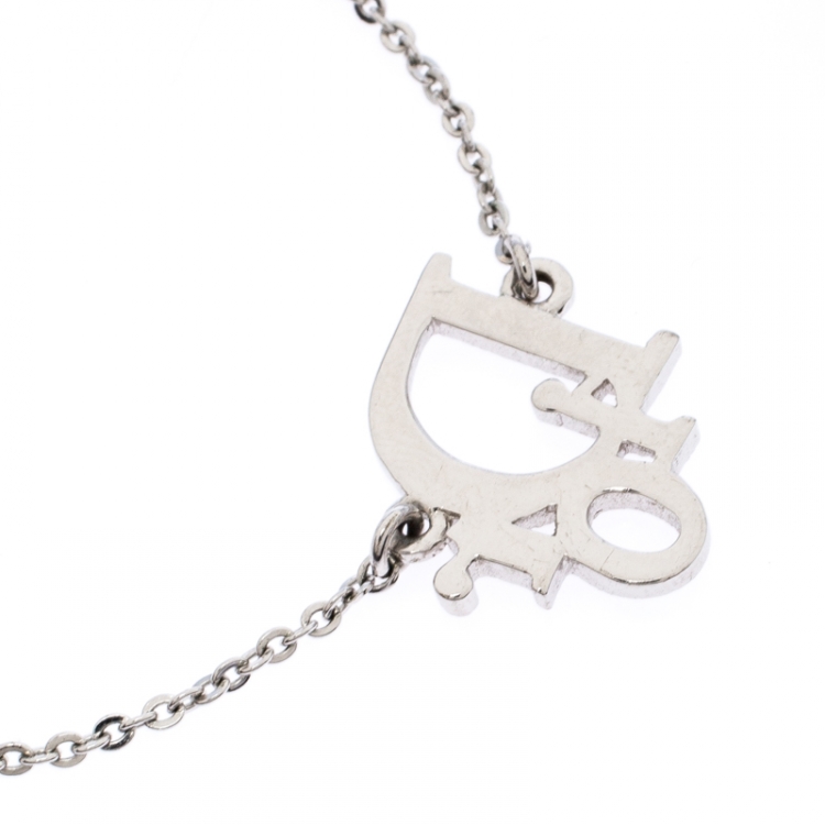 Pre Owned Dior Logo Crystal Studded Silver Tone Bracelet