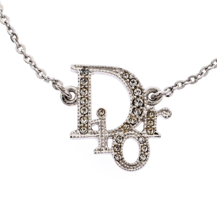 Pre Owned Dior Logo Crystal Studded Silver Tone Bracelet