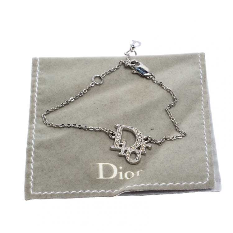 Pre Owned Dior Logo Crystal Studded Silver Tone Bracelet