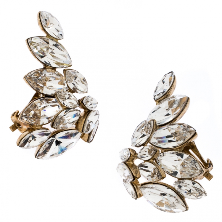 Pre Owned Dior Crystal Gold Tone Clip-on Stud Earrings