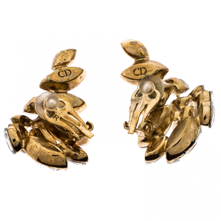 Pre Owned Dior Crystal Gold Tone Clip-on Stud Earrings