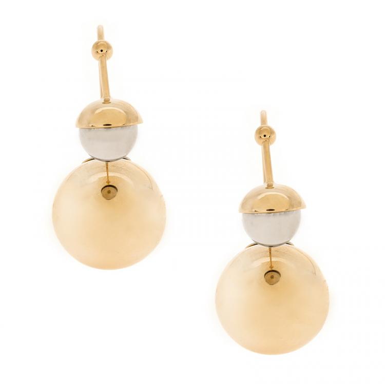 Pre Owned Dior Metallic Faux Pearl Two Tone Threaded Hoop Earrings