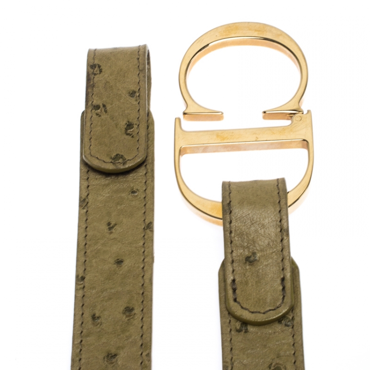 Pre Owned Dior Olive Green Ostrich Embossed Leather CD Buckle Belt 75CM