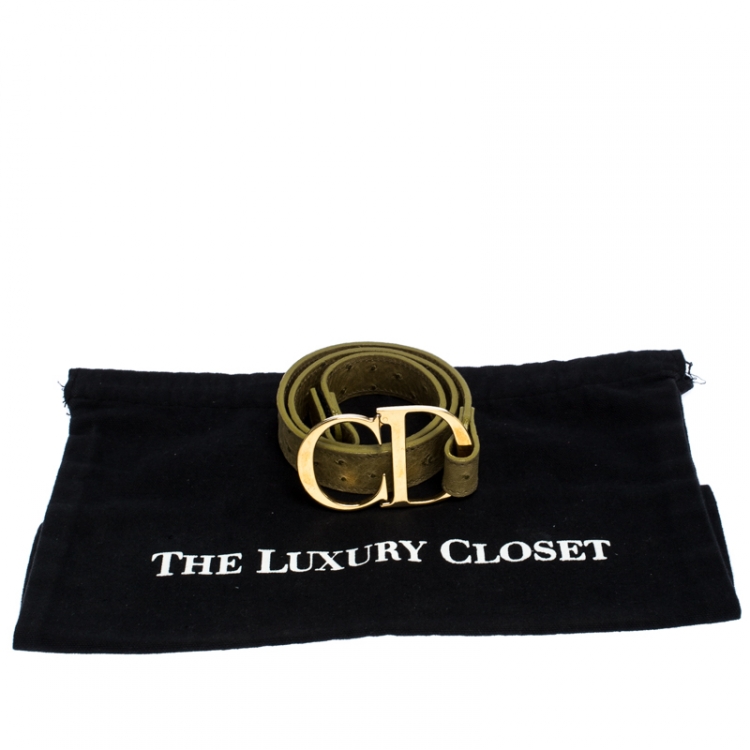 Pre Owned Dior Olive Green Ostrich Embossed Leather CD Buckle Belt 75CM