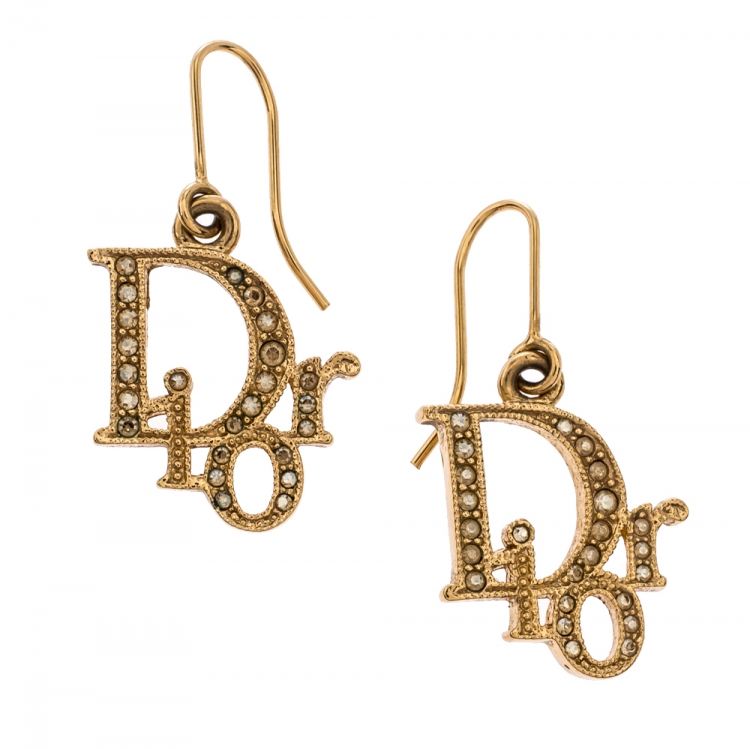 Pre Owned Dior Gold Tone Crystal Embellished Logo Hoop Earrings