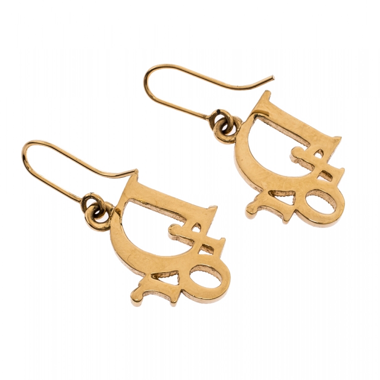 Pre Owned Dior Gold Tone Crystal Embellished Logo Hoop Earrings