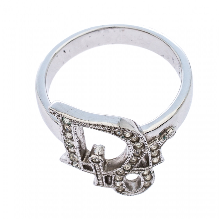 Pre Owned Dior Silver Tone Crystal Logo Ring Size EU 57