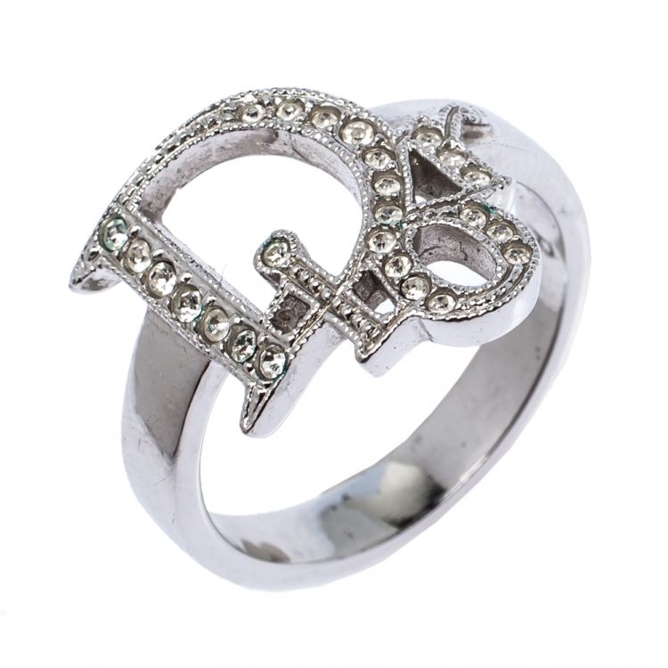Pre Owned Dior Silver Tone Crystal Logo Ring Size EU 57