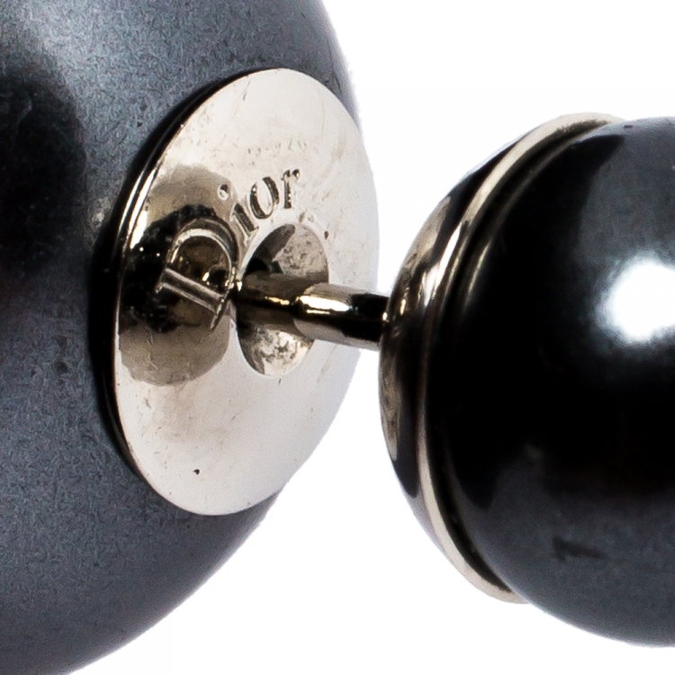 Pre Owned Dior Tribales Grey Faux Pearl Silver Tone Stud Earrings