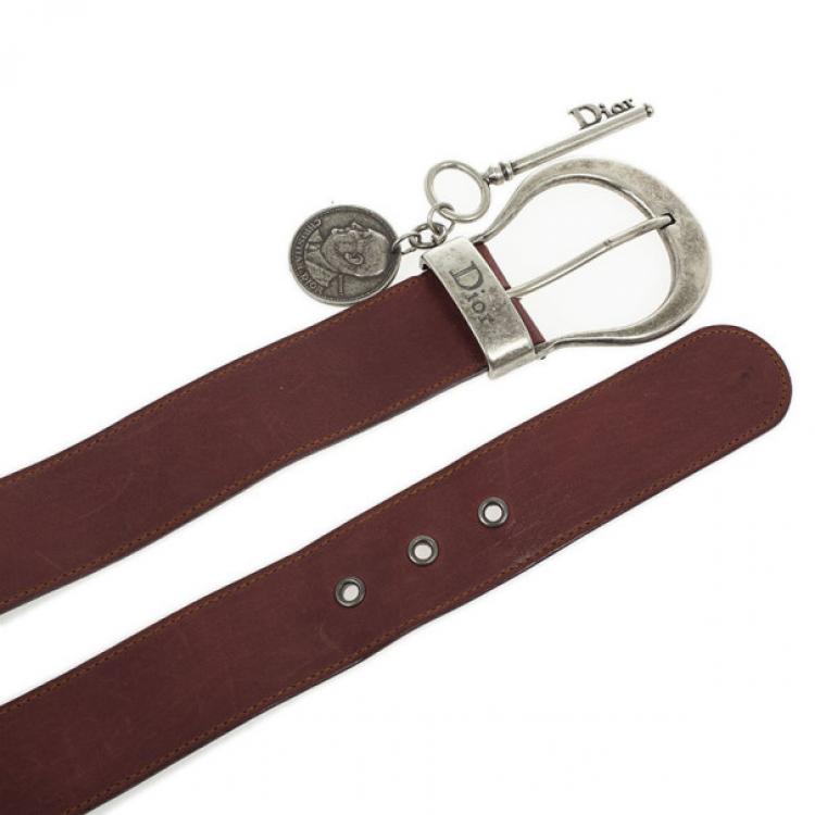 Pre Owned Christian Dior Maroon Leather Medallion Key Motif Belt 80 CM
