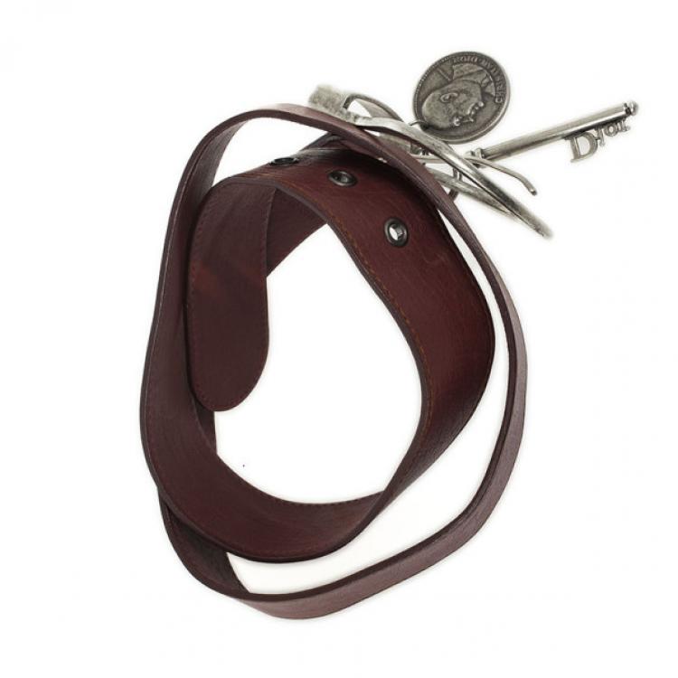 Pre Owned Christian Dior Maroon Leather Medallion Key Motif Belt 80 CM