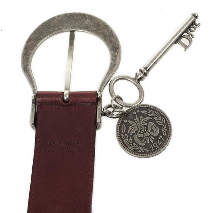 Pre Owned Christian Dior Maroon Leather Medallion Key Motif Belt 80 CM