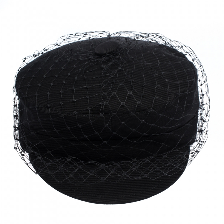 مملوكة مسبقًا Dior Black Cotton Arty Mesh Veil Newsboy Cap 57 cm