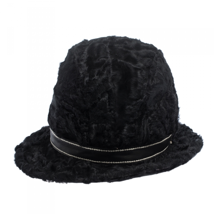 Pre Owned Dior Vintage Black Astrakan Fur & Leather Trim Hat