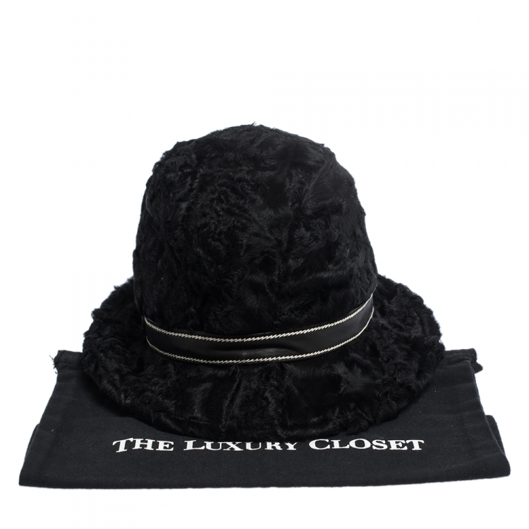 Pre Owned Dior Vintage Black Astrakan Fur & Leather Trim Hat