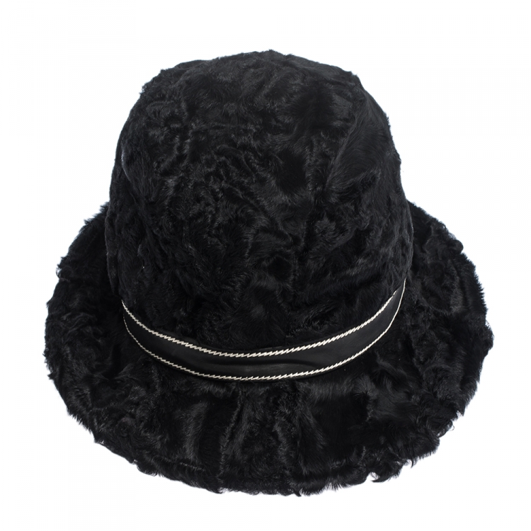 Pre Owned Dior Vintage Black Astrakan Fur & Leather Trim Hat