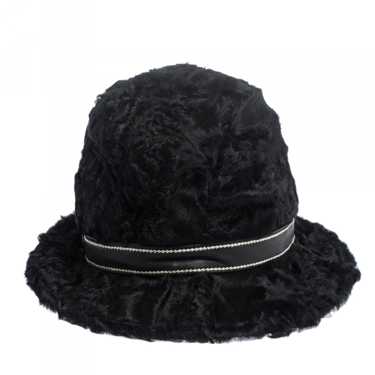 Pre Owned Dior Vintage Black Astrakan Fur & Leather Trim Hat