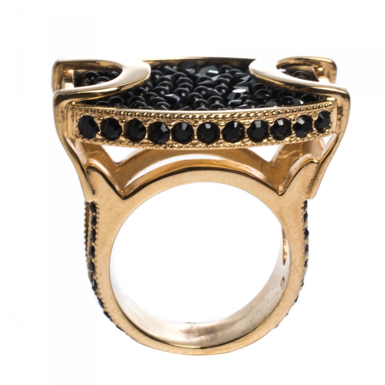 Pre Owned Dior Black Crystal Studded Gold Tone Cocktail Ring Size 52