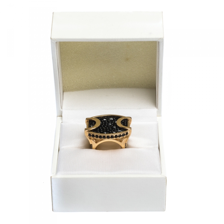 Pre Owned Dior Black Crystal Studded Gold Tone Cocktail Ring Size 52
