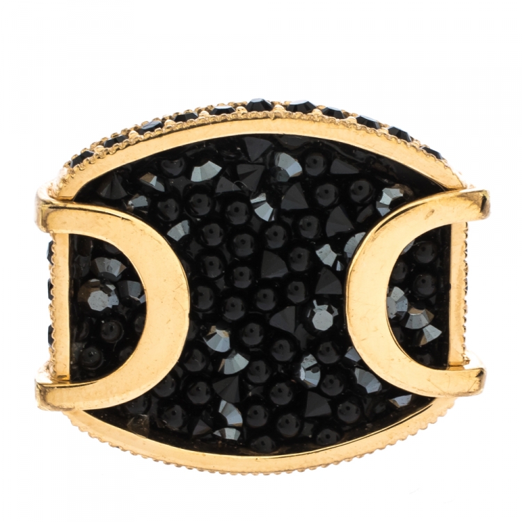 Pre Owned Dior Black Crystal Studded Gold Tone Cocktail Ring Size 52