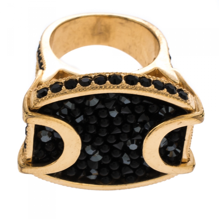 Pre Owned Dior Black Crystal Studded Gold Tone Cocktail Ring Size 52