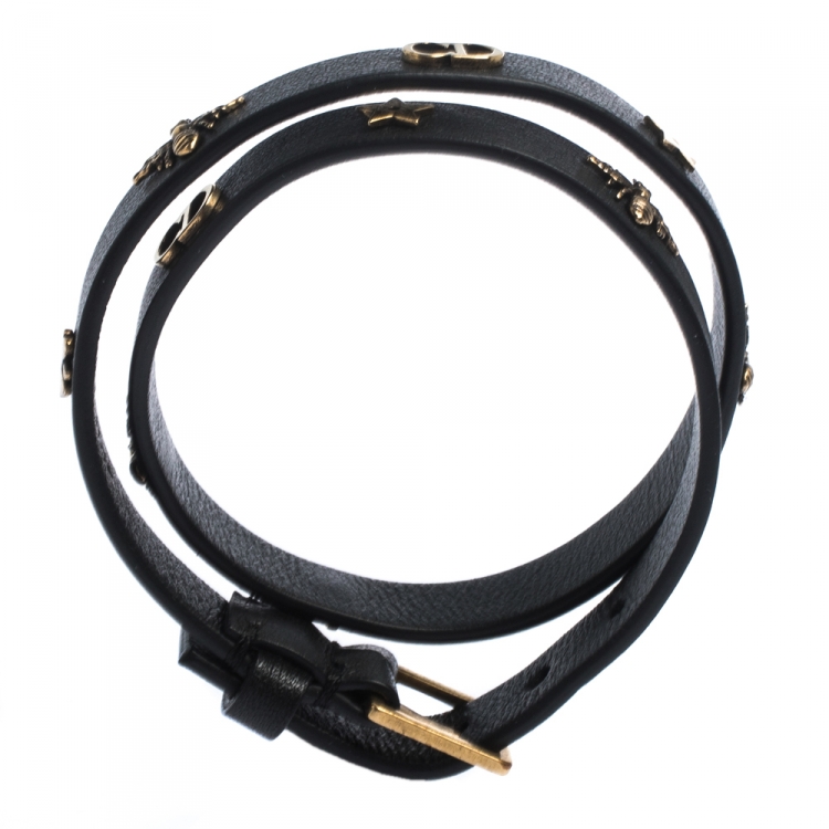 Pre Owned Dior Black Leather Gold Tone Motif Double Wrap Bracelet