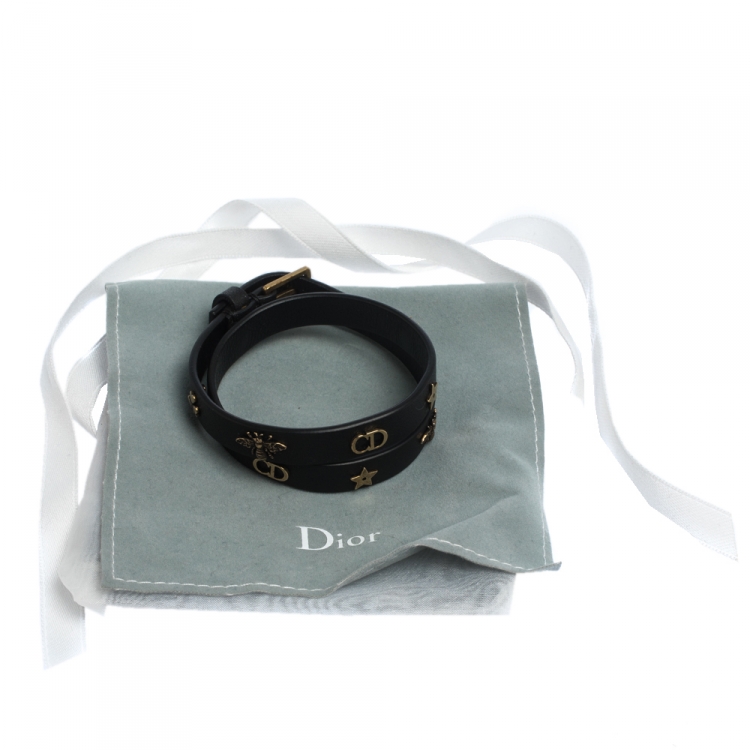 Pre Owned Dior Black Leather Gold Tone Motif Double Wrap Bracelet