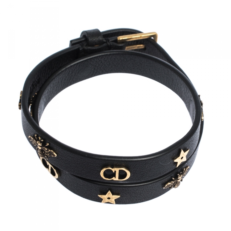 Pre Owned Dior Black Leather Gold Tone Motif Double Wrap Bracelet