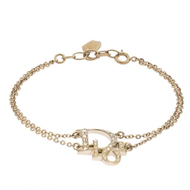 Pre Owned Dior Oblique Crystal Gold Tone Bracelet 